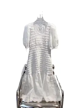 2023 moteriški Drabužiai Nauji Išsiuvinėti Sluoksniuotos Rankovėmis Balta Suknelė 0817