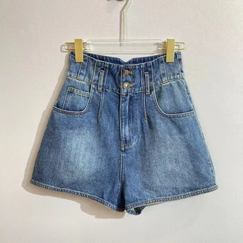 2023 prancūzijos vasarą naujų aštrus mergina plonas paaukštintu liemeniu mėlyna džinsinio šortai mados-line kelnės Slim karšto pants kišenės plataus kojomis pa