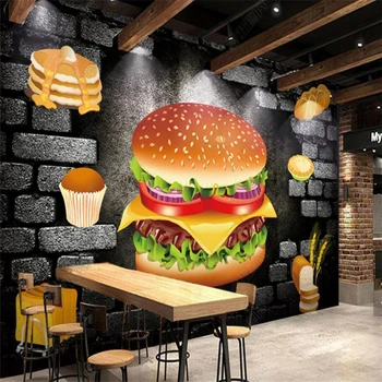 3D stereo plytų siena juoda mėsainiai foną kepyklos, greito maisto restoranas, Pramonės fone sienos freskos tapetai