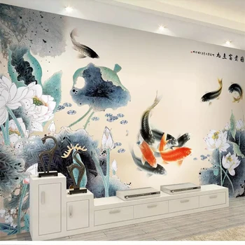 beibehang Užsakymą tapetai naujas Kinijos rašalo devynios žuvų nuotrauką lotus TV, sofa fone užsakymą didelės freskos žalia tapetai, freskos