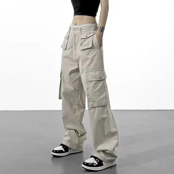 Darbo drabužiai Moterų Gatvės vientisos Spalvos Retro Kišenėje Hip-Hop Sweatpants Moterų Prarasti Atsitiktinis Tiesios Kojos Kelnės Street Moterų Drabužiai