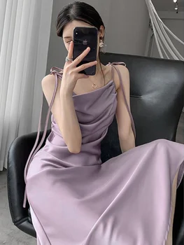 Elegantiškas Diržas Satino Suknelės Moterims Vasaros Rankovių Raukšlės Violetinė Ilga Suknelė Suspender suknelė Vestidos