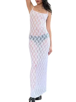 Elegantiškas Nėrinių Perdangos Rankovių Maxi Suknelė su Spagečiai Dirželiai Puikiai tinka Šalis ir Clubwear