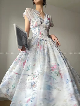 Midi Suknelė Moterims 2023 Vasaros Naują Korėjos Derliaus Spausdinimo Elegantiškas Vakare Šalies Prom Princesė Office Lady Vestidos Moterų Drabužiai