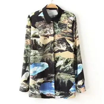 pavasarį, rudenį palaidinė Moterims marškinėliai, didmeninė kraštovaizdžio spausdinti ilgomis rankovėmis palaidinė marškinėliai