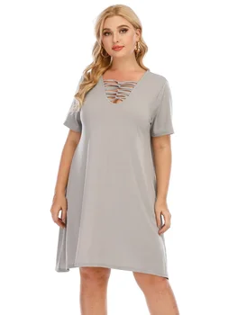 Plius dydis moterų, trumparankoviai-line sijonas paprasta gilia V tuščiaviduriai kryžiaus suknelė plius dydis apranga