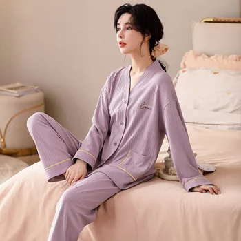 Rudenį Moterų V-Kaklo Pižama Rinkiniai, Raidžių Spausdinti Medvilnės Moteriškos Pižamos Dviejų Dalių Marškinėliai + Kelnės Naktiniai Marškinėliai Mygtuką Cardigan Sleepwear