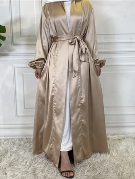 Satino Atidaryti Abaja Dubajus Turkija Kaftan Kimono Megztinis Islamo Musulmonų Suknelė, Hijab Priežastinis Abayas Moterų Caftan Islamo Apranga