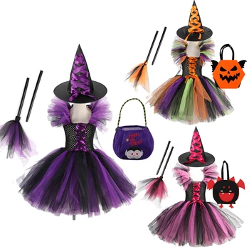 Vaikai Ragana Kostiumas Kūdikių Mergaičių Halloween Carnival Šalies Išgalvotas Cosplay Drabužius Tutu Suknelė Su Skrybėle Šluota Moliūgų Maišelį Vestido 2-12Y