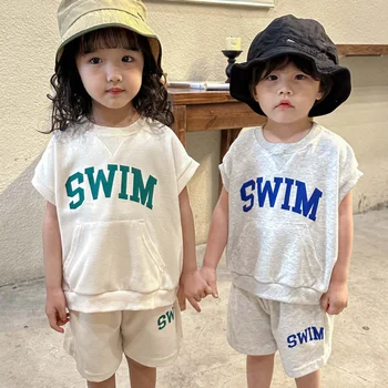 Vaikų vasaros kostiumas sporto drabužiai nustatyti Berniukų komplektus Merginų raidžių berankovė Liemenė ir kelnės 2vnt rinkiniai